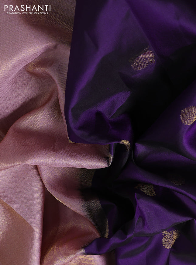 Pure kanchipuram silk saree violet with zari woven buttas and rich zari woven korvai border