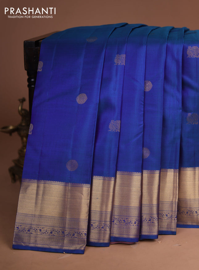 Pure kanchipuram silk saree blue and pastel pink with zari woven buttas and rich zari woven korvai border