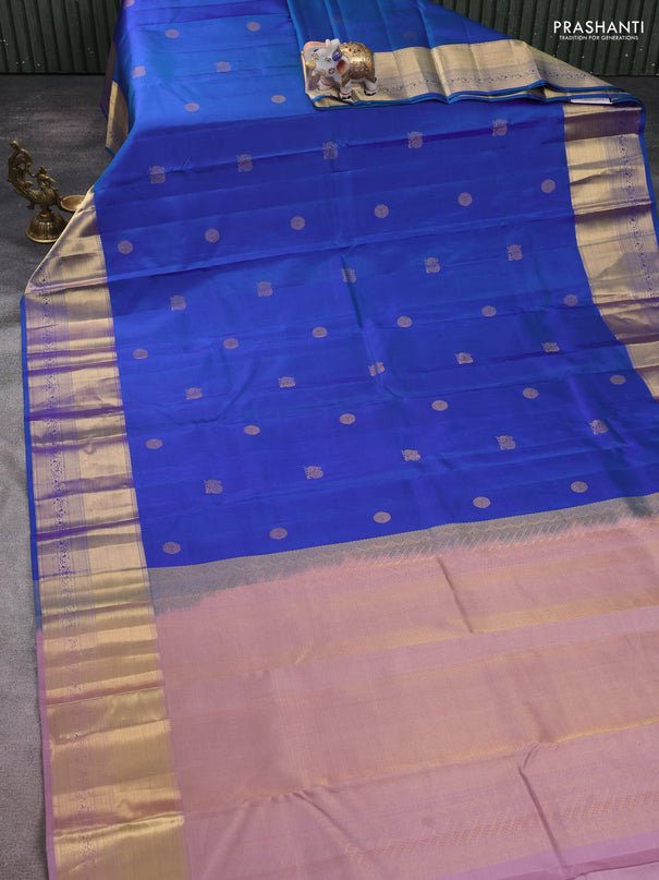 Pure kanchipuram silk saree blue and pastel pink with zari woven buttas and rich zari woven korvai border