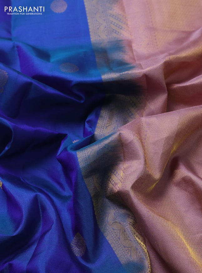 Pure kanchipuram silk saree blue and pastel pink with zari woven buttas and rich zari woven korvai border