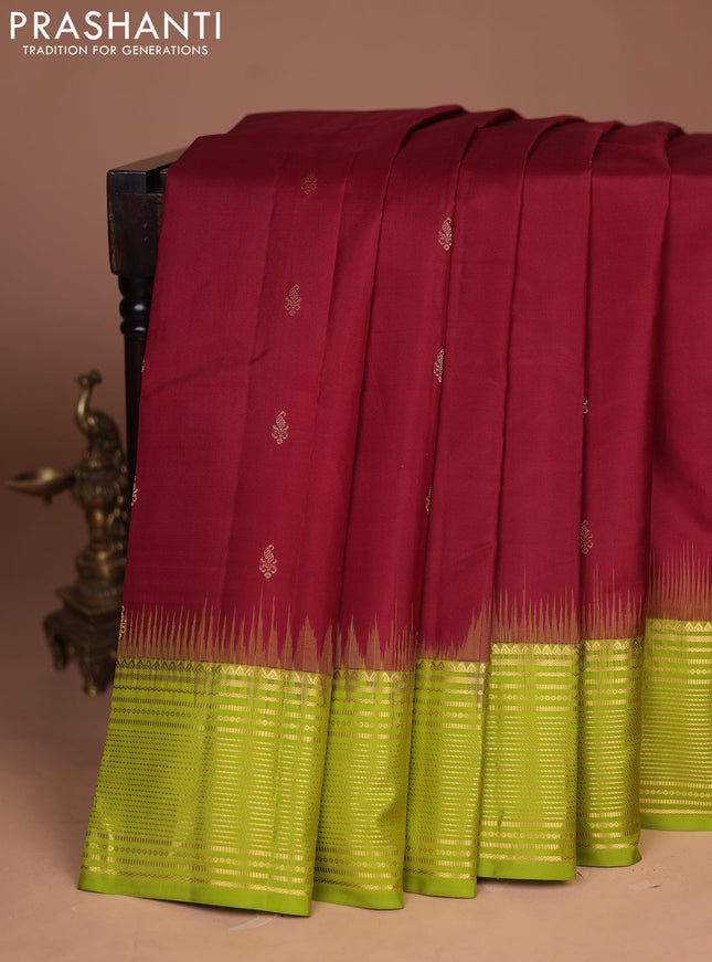 Pure kanchipuram silk saree maroon and lime green with zari woven buttas and zari woven border