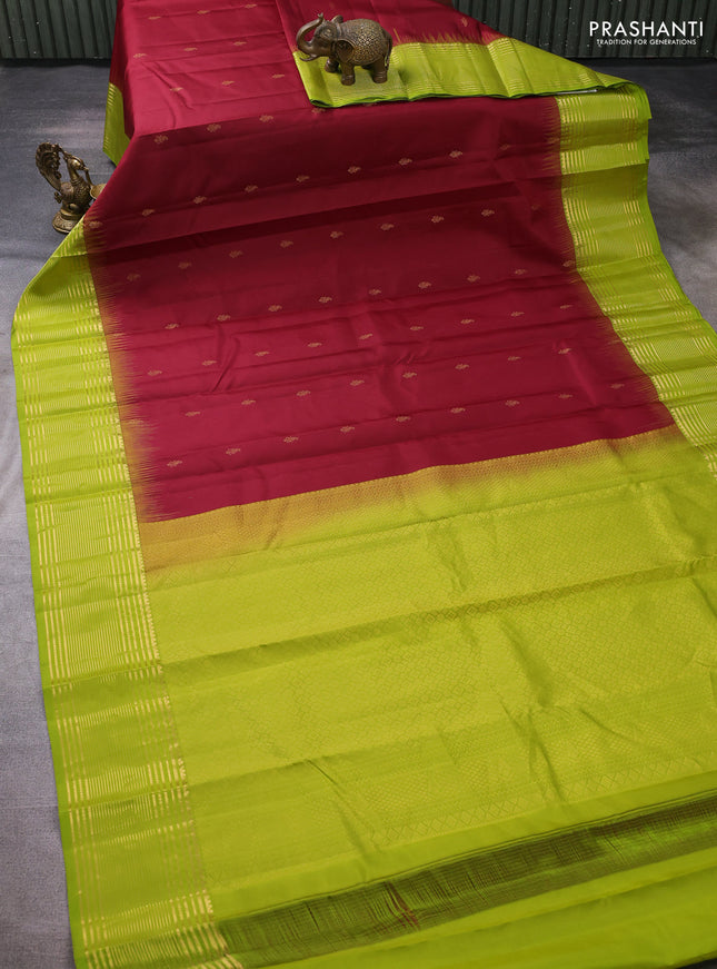 Pure kanchipuram silk saree maroon and lime green with zari woven buttas and zari woven border