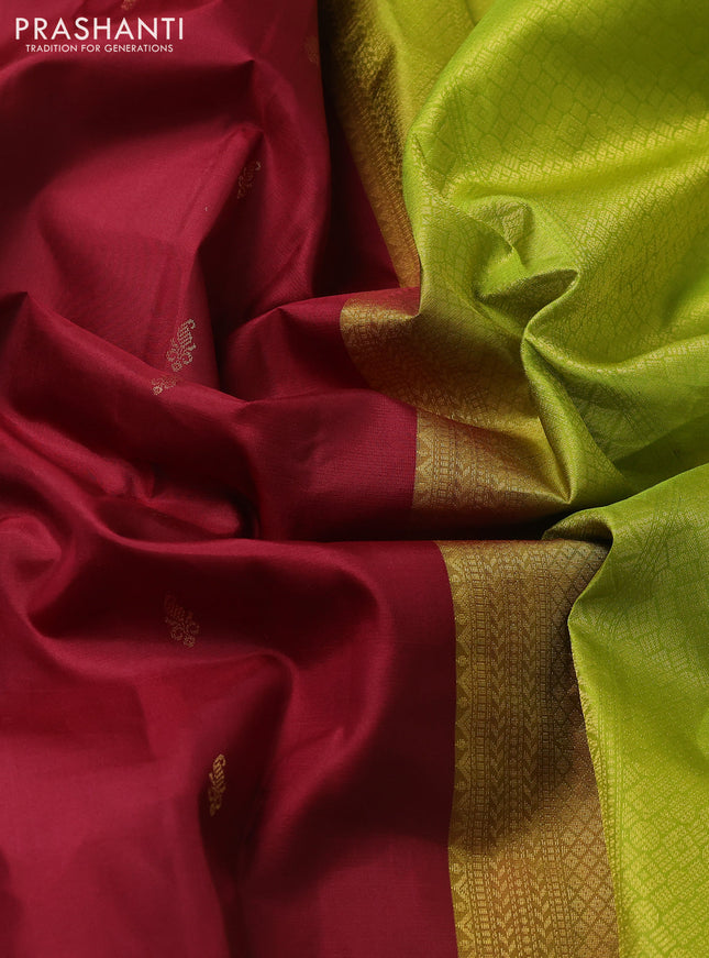 Pure kanchipuram silk saree maroon and lime green with zari woven buttas and zari woven border