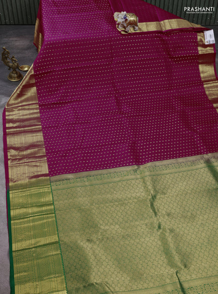 Pure kanchipuram silk saree magenta pink and green with allover zari woven buttas and long zari woven border