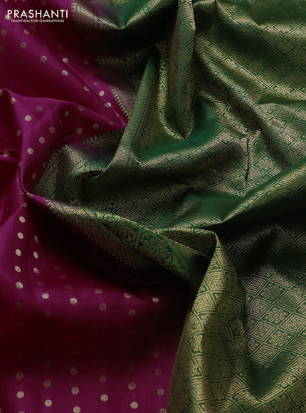 Pure kanchipuram silk saree magenta pink and green with allover zari woven buttas and long zari woven border