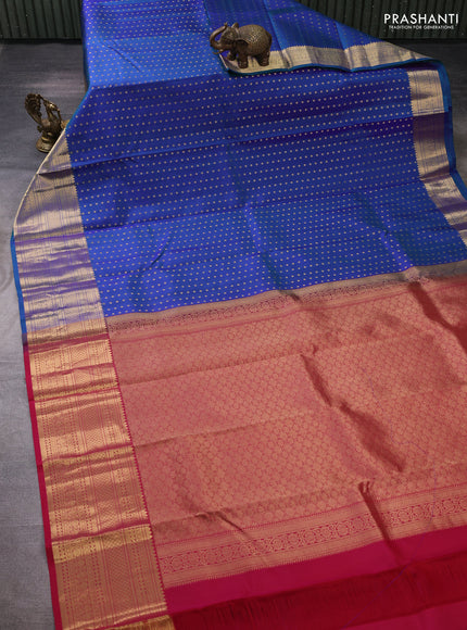 Pure kanchipuram silk saree peacock blue and red with allover zari woven buttas and long zari woven border