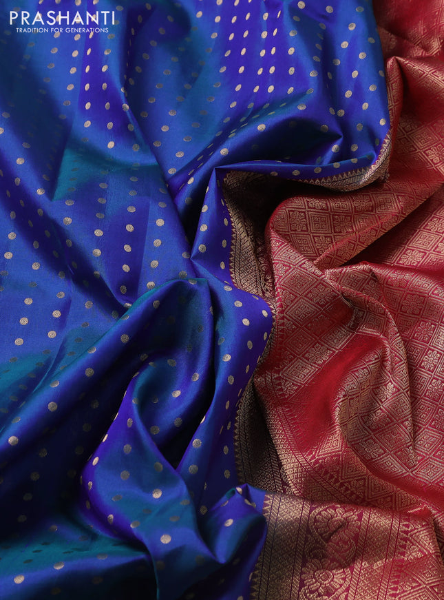 Pure kanchipuram silk saree peacock blue and red with allover zari woven buttas and long zari woven border