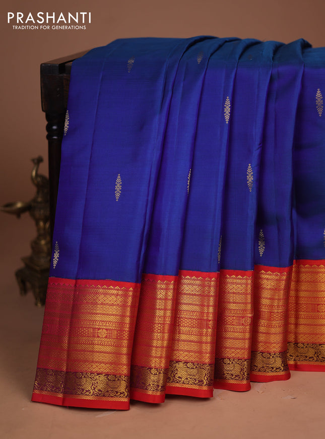 Pure kanchipuram silk saree blue with zari woven buttas and ganga jamuna border