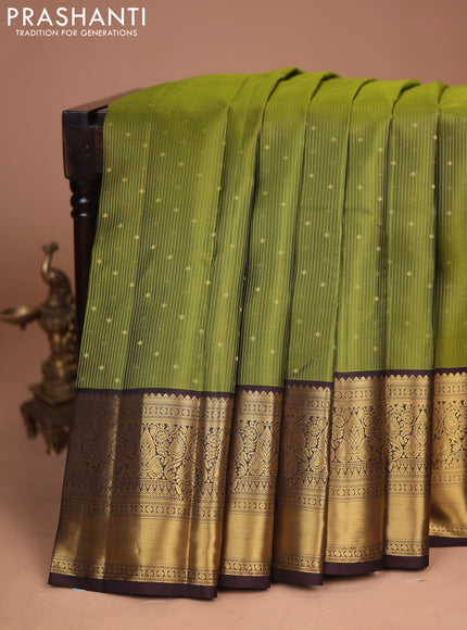Pure kanchipuram silk saree sap green and coffee brown with allover zari weaves & buttas and zari woven korvai border