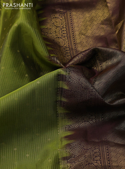 Pure kanchipuram silk saree sap green and coffee brown with allover zari weaves & buttas and zari woven korvai border