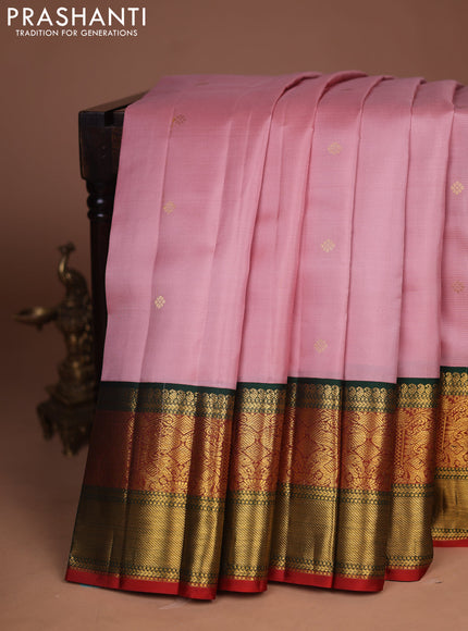 Pure kanchipuram silk saree peach pink and green with zari woven buttas and long zari woven korvai border