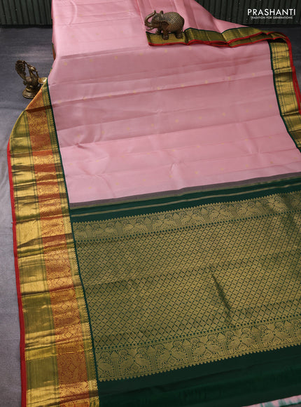 Pure kanchipuram silk saree peach pink and green with zari woven buttas and long zari woven korvai border