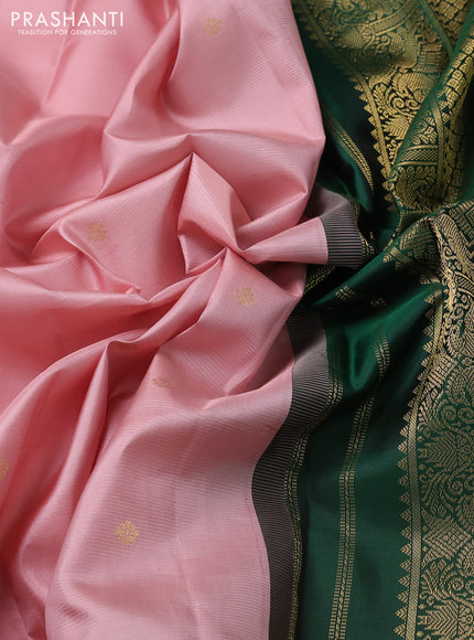 Pure kanchipuram silk saree peach pink and green with zari woven buttas and long zari woven korvai border