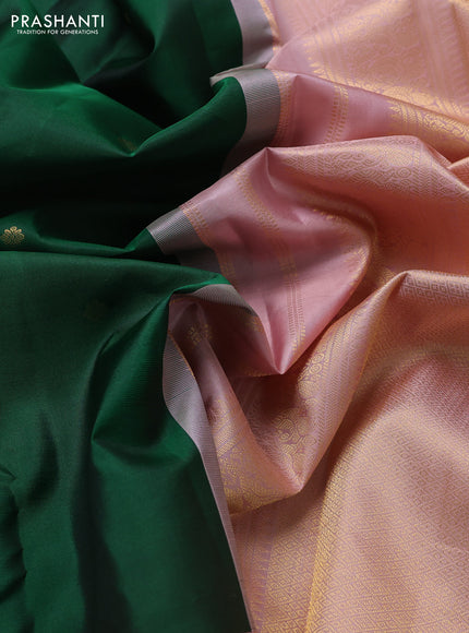 Pure kanchipuram silk saree green and peach pink with zari woven buttas and long zari woven korvai border