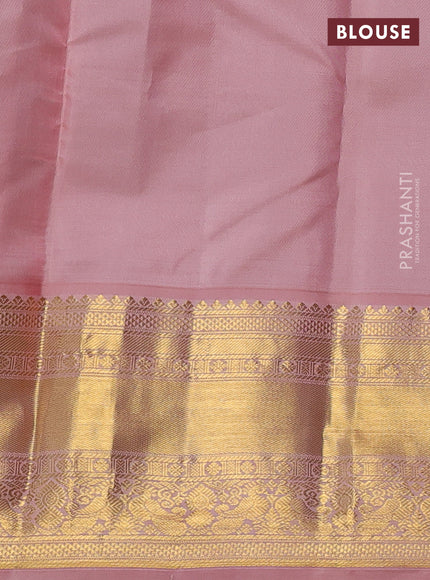 Pure kanchipuram silk saree green and peach pink with zari woven buttas and long zari woven korvai border