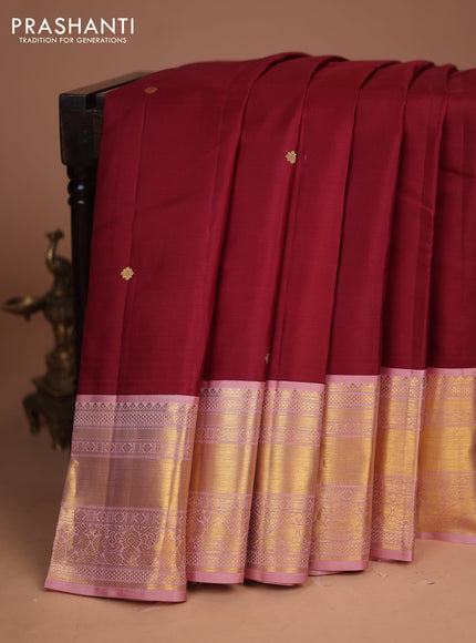 Pure kanchipuram silk saree maroon and peach pink with zari woven buttas and long zari woven korvai border