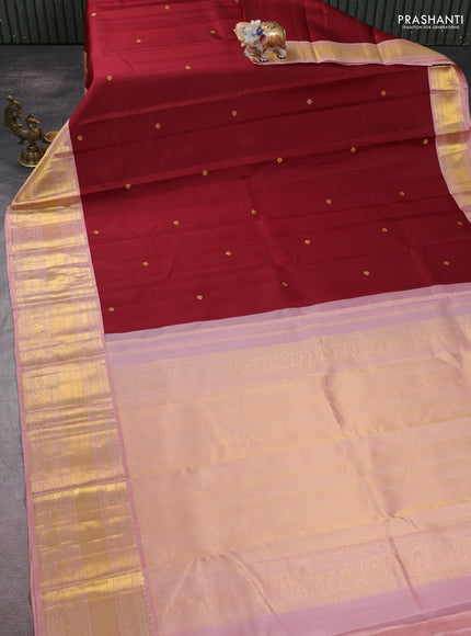 Pure kanchipuram silk saree maroon and peach pink with zari woven buttas and long zari woven korvai border