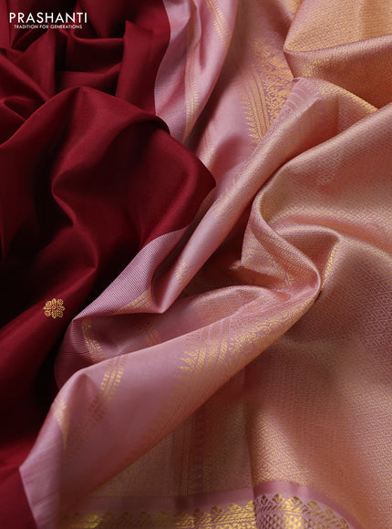 Pure kanchipuram silk saree maroon and peach pink with zari woven buttas and long zari woven korvai border