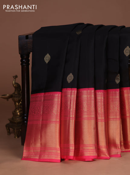 Pure kanchipuram silk saree black and pink with zari woven buttas and long zari woven korvai border