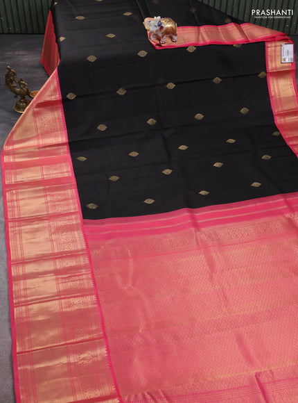 Pure kanchipuram silk saree black and pink with zari woven buttas and long zari woven korvai border