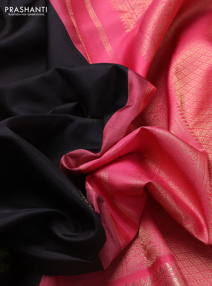 Pure kanchipuram silk saree black and pink with zari woven buttas and long zari woven korvai border