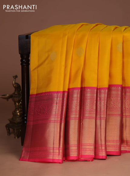 Pure kanchipuram silk saree yellow and pink with zari woven buttas and long zari woven korvai border