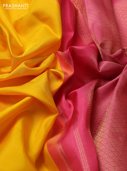 Pure kanchipuram silk saree yellow and pink with zari woven buttas and long zari woven korvai border