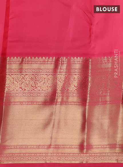 Pure kanchipuram silk saree yellow and pink with zari woven buttas and long zari woven korvai border