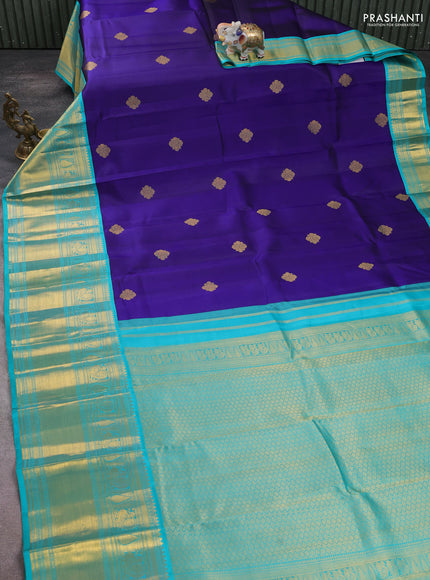 Pure kanchipuram silk saree dark blue and teal green with zari woven buttas and long zari woven korvai border