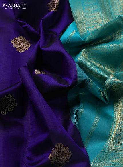 Pure kanchipuram silk saree dark blue and teal green with zari woven buttas and long zari woven korvai border