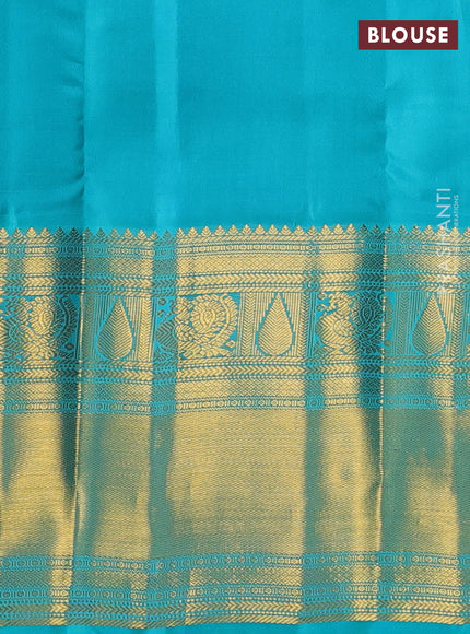 Pure kanchipuram silk saree dark blue and teal green with zari woven buttas and long zari woven korvai border