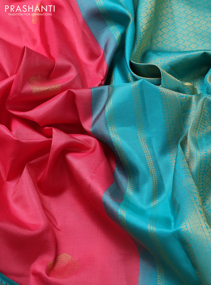 Pure kanchipuram silk saree peach pink and teal green with zari woven buttas and long zari woven korvai border