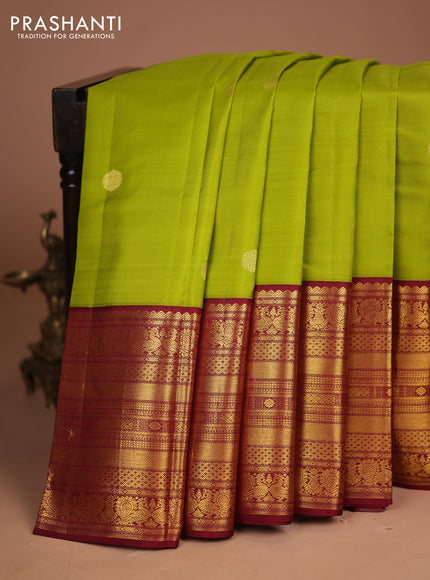 Pure kanchipuram silk saree lime green and maroon with zari woven buttas and long zari woven korvai border