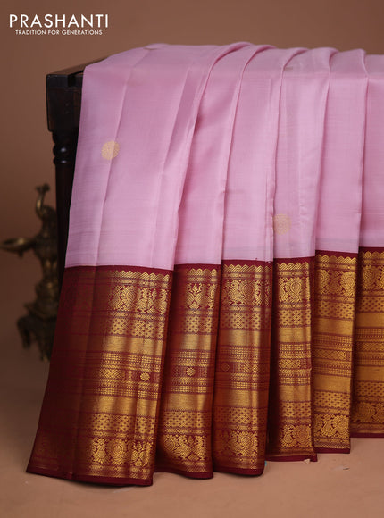 Pure kanchipuram silk saree pastel pink and maroon with zari woven buttas and long zari woven korvai border
