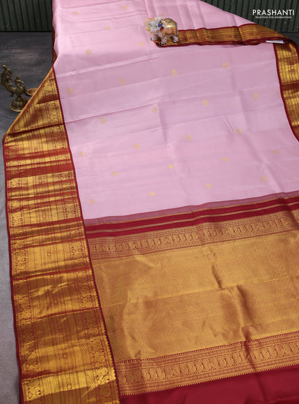 Pure kanchipuram silk saree pastel pink and maroon with zari woven buttas and long zari woven korvai border