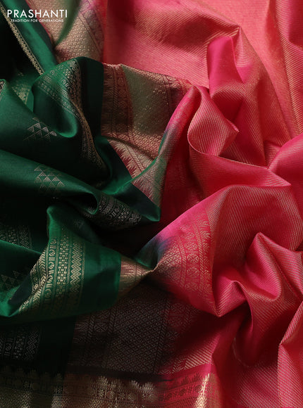 Pure kanchipuram silk saree green and pink with allover zari weaves and long zari woven border