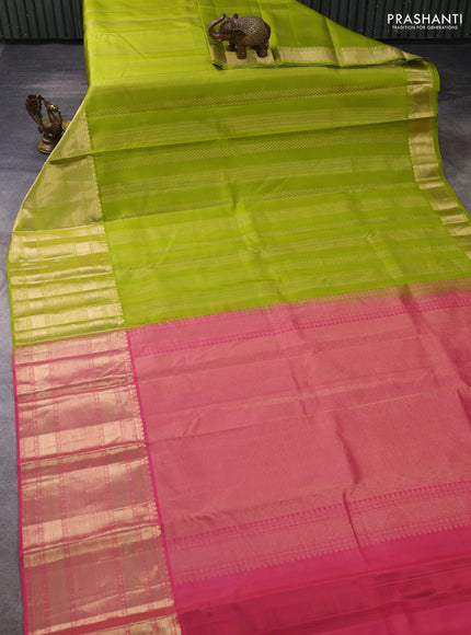 Pure kanchipuram silk saree lime green and pink with allover zari weaves and long zari woven border