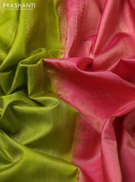 Pure kanchipuram silk saree lime green and pink with allover zari weaves and long zari woven border