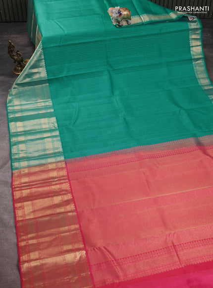 Pure kanchipuram silk saree teal green and pink with allover zari weaves and long zari woven border