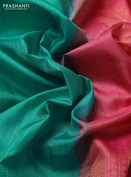 Pure kanchipuram silk saree teal green and pink with allover zari weaves and long zari woven border