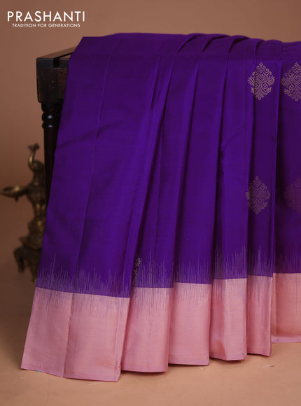 Pure kanchipuram silk saree purple and pastel peach with zari woven buttas and zari woven border