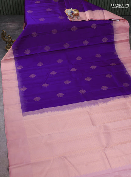 Pure kanchipuram silk saree purple and pastel peach with zari woven buttas and zari woven border