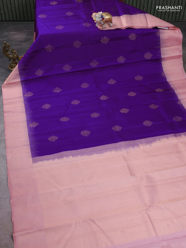 Pure kanchipuram silk saree purple and pastel peach with zari woven buttas and zari woven border