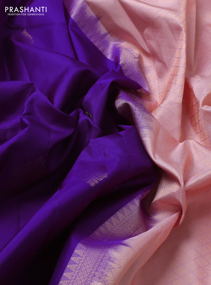 Pure kanchipuram silk saree purple and pastel peach with zari woven buttas and zari woven border