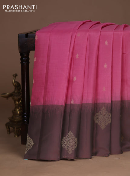 Pure kanchipuram silk saree peach pink and coffee brown with zari woven buttas and zari woven butta border