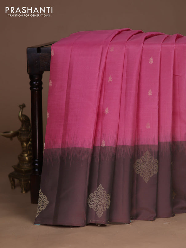 Pure kanchipuram silk saree peach pink and coffee brown with zari woven buttas and zari woven butta border
