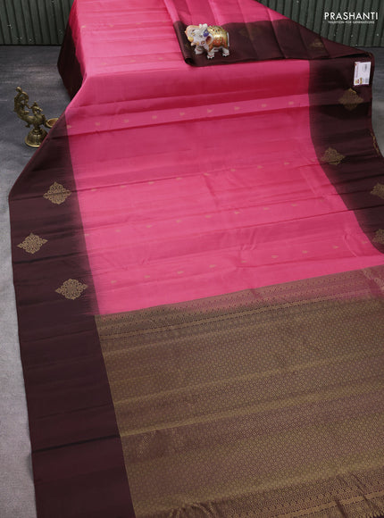 Pure kanchipuram silk saree peach pink and coffee brown with zari woven buttas and zari woven butta border