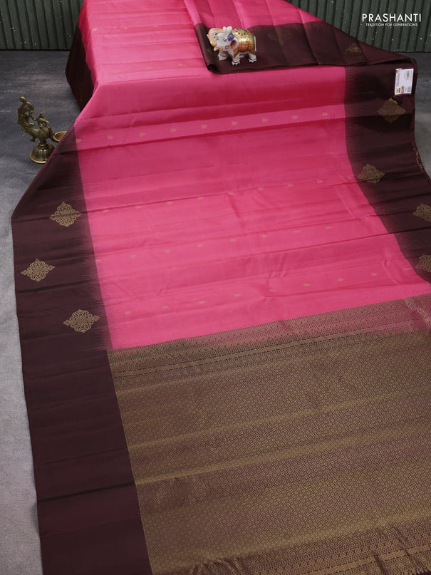 Pure kanchipuram silk saree peach pink and coffee brown with zari woven buttas and zari woven butta border