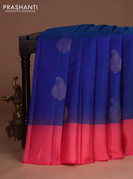 Pure kanchipuram silk saree cs blue and peach pink with zari woven paisley buttas and zari woven border
