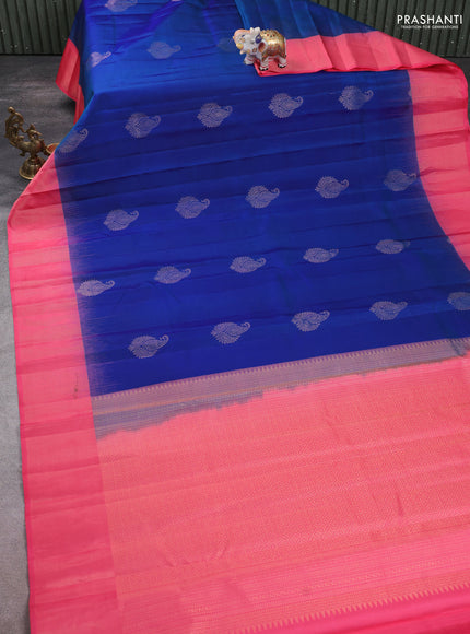 Pure kanchipuram silk saree cs blue and peach pink with zari woven paisley buttas and zari woven border